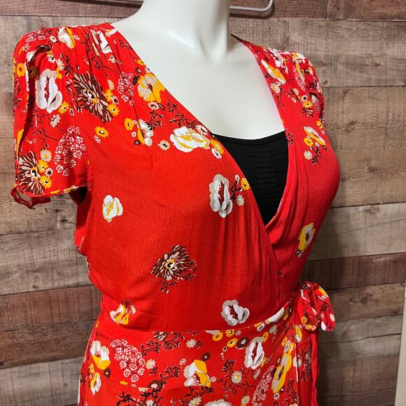 Free People Jess Wrap Dress in Red-Orange Floral Size M - Picture 14 of 16